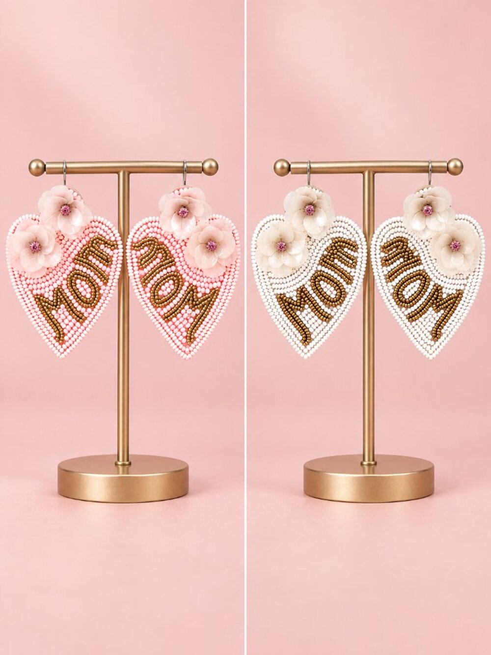 Mom Seed Bead Heart Shaped Earrings Pink or White Mother's Day Gift NEW